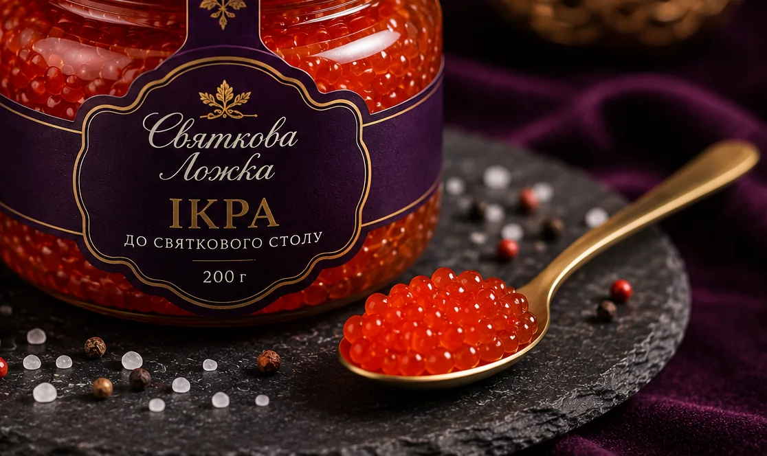 Деталь сервіровки з червоною ікрою на темному камені