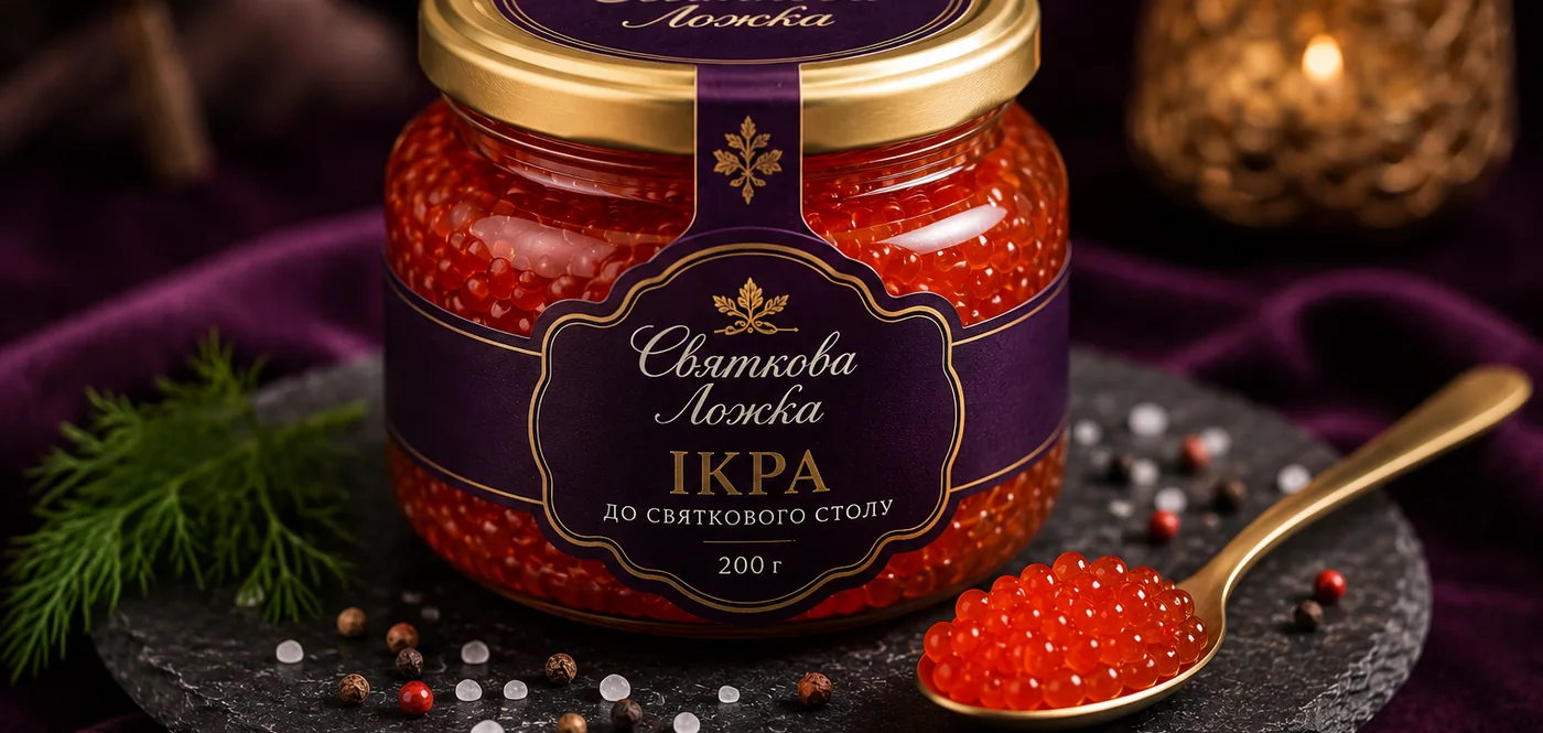 Широка святкова композиція з банкою червоної ікри